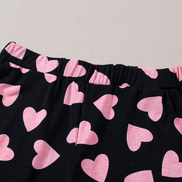 Black Valentine Heart Shape Print Long Sleeve Top Shorts Lounge Set - Picture 9 of 11